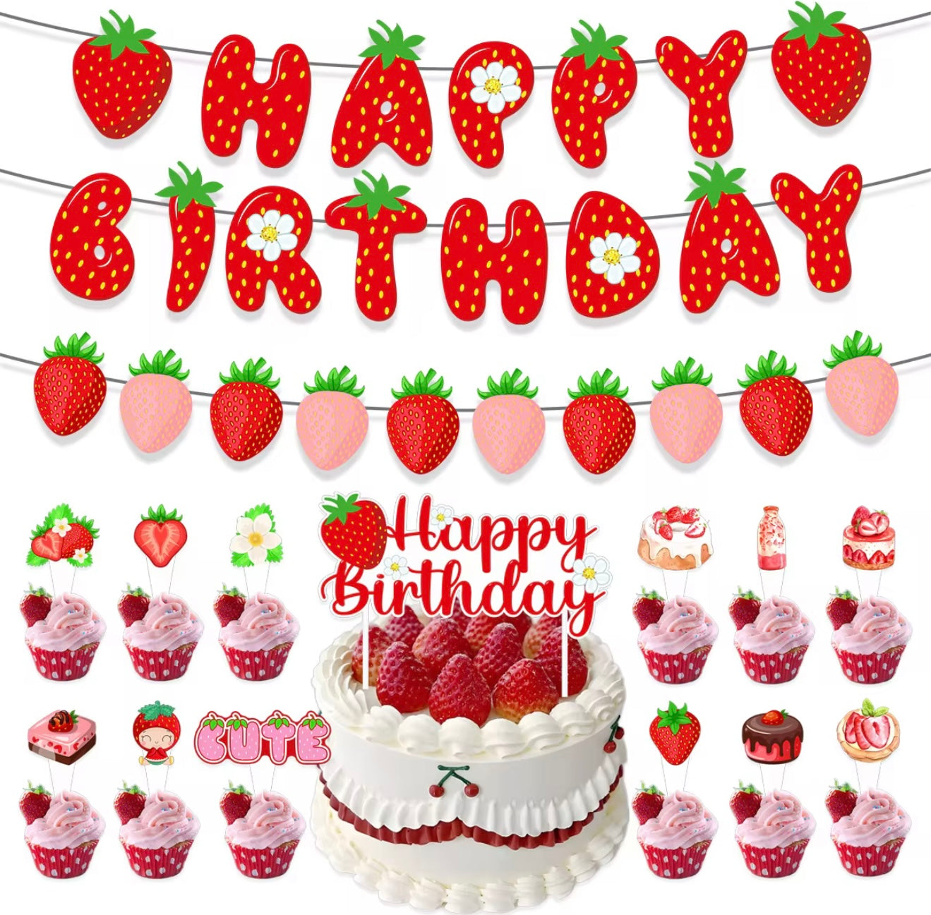 Strawberry 23 piece birthday decoration set